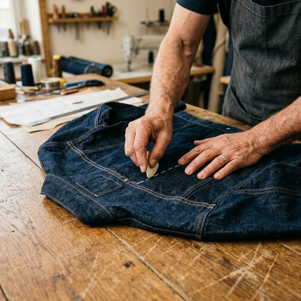 Tailor hands working on denim patterns