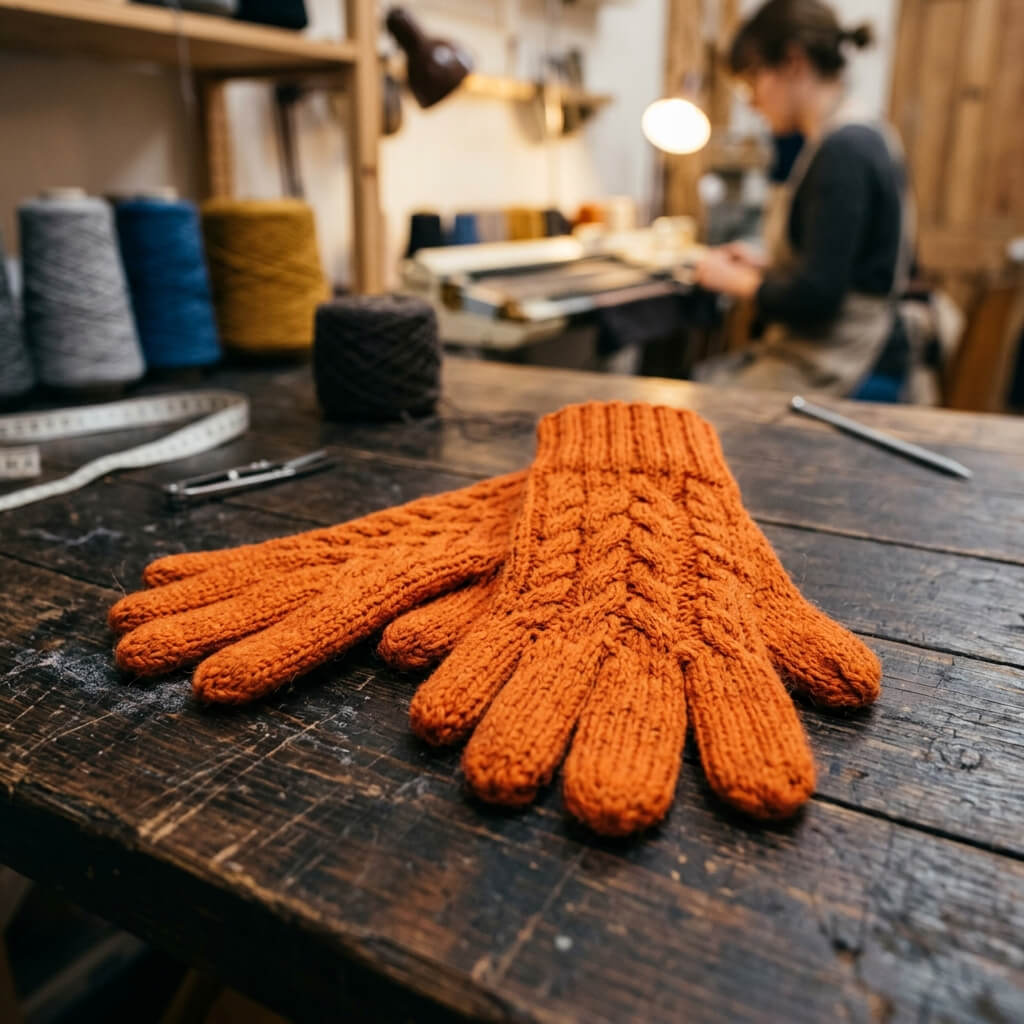 Orange knitted wool gloves on workbench